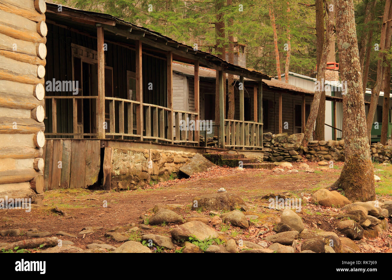 The Elkmont historic district in Great Smokey Mountains National Park is notable for several rustic cabins preserved by the National Park Service Stock Photo