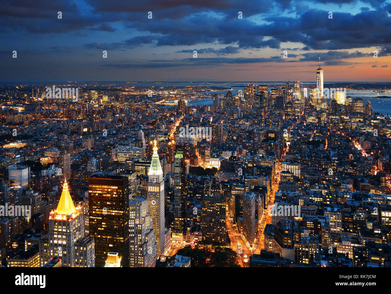 New York City downtown skyline view at dusk Stock Photo - Alamy