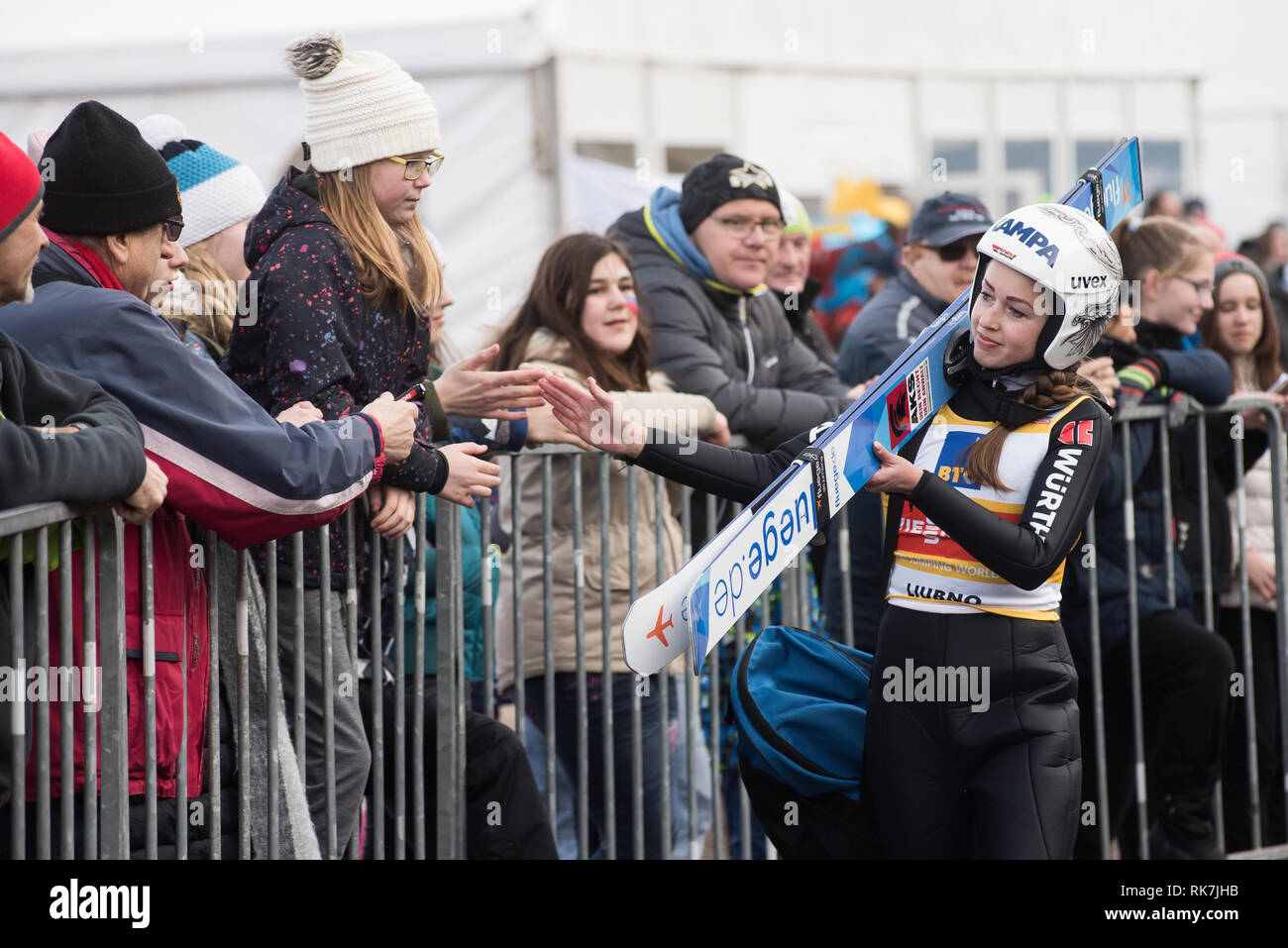 Juliane Seyfarth of Germany at the FIS Ski Jumping World Cup Ladies Ljubno on February 9, 2019 in Ljubno, Slovenia. (Photo by Rok Rakun / Pacific Press) Stock Photo