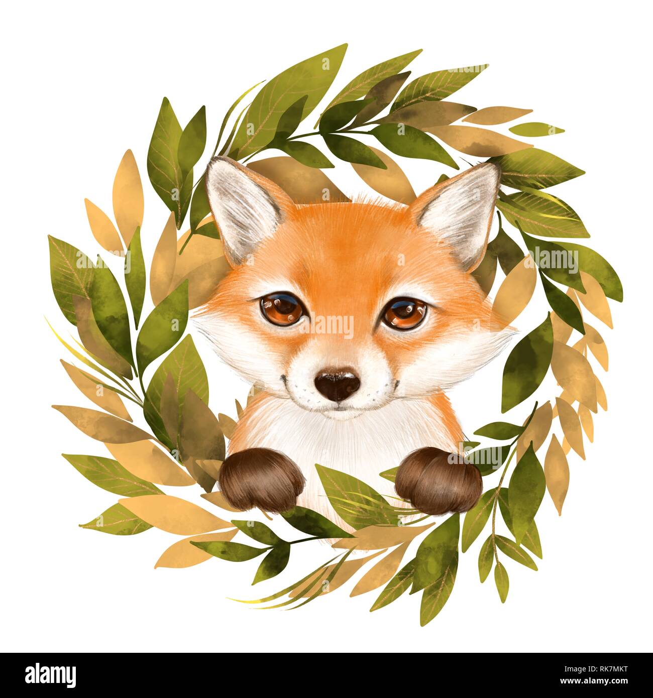 Cute cartoon fox and wreath Stock Photo