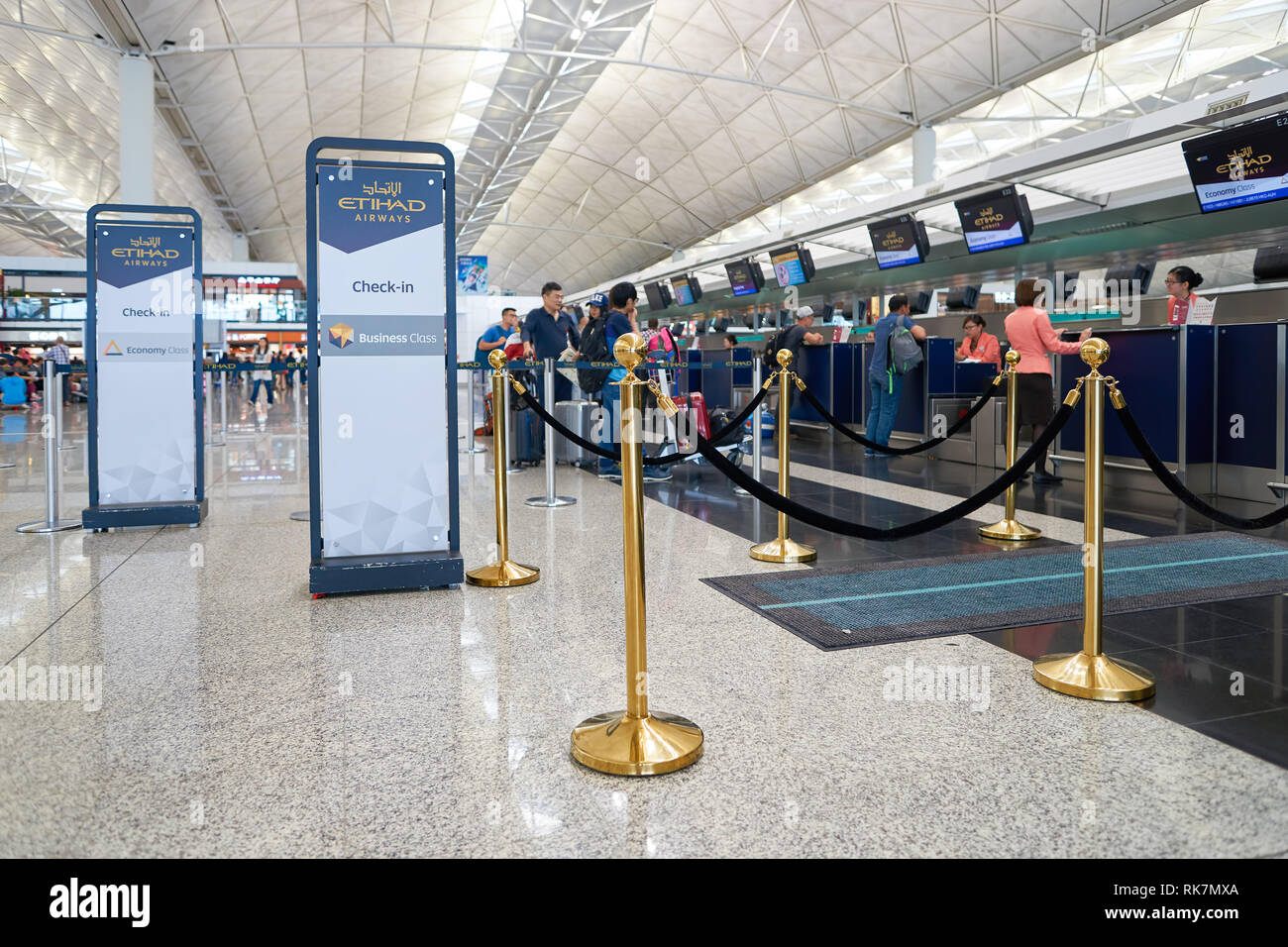 HONG KONG - MAY 12, 2016: design of Etihad check in counters at Terminal 1 of Hong Kong International Airport. Etihad Airways is a flag carrier and th Stock Photo