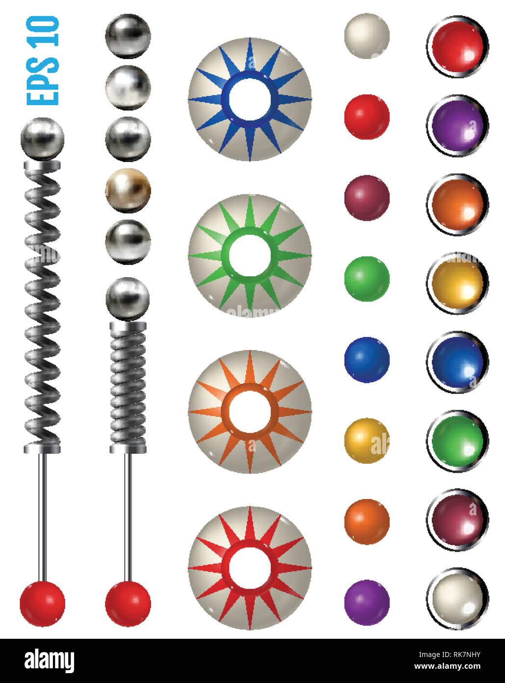 Realistic colored pinball elements. Realistic pinball set with different tools. Game design and creative concepts. Vector Illustration isolated on whi Stock Vector