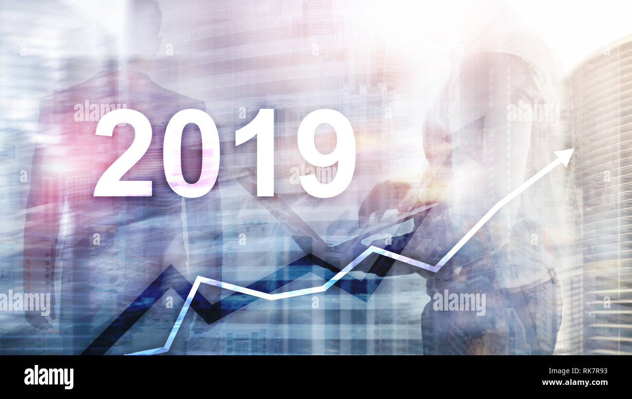 New year 2019 Financial growth graph on blurry business background Stock Photo