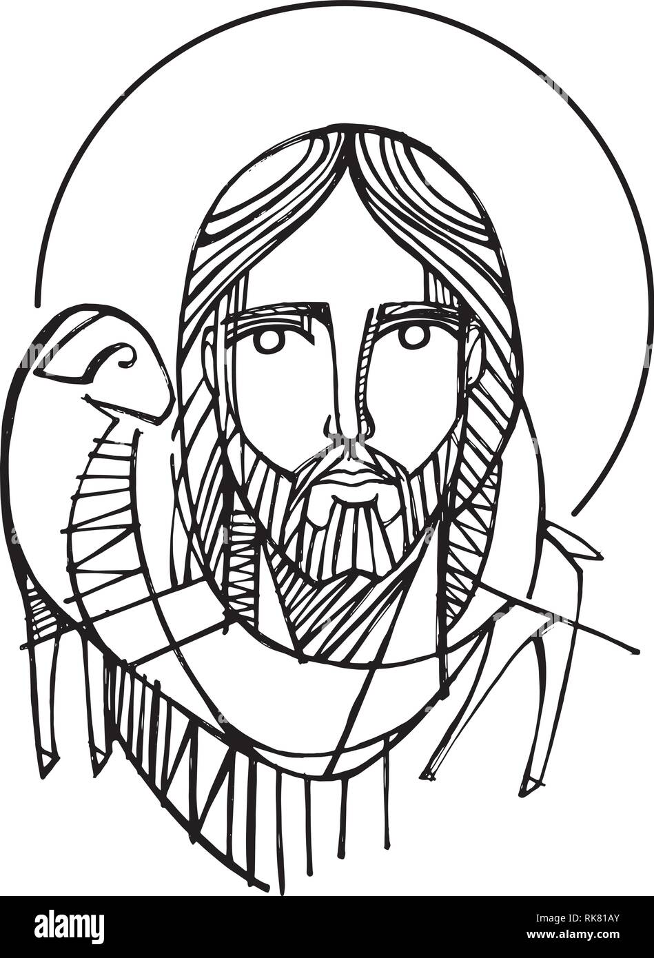 Hand drawn vector illustration or drawing of Jesus Christ Good Shepherd Stock Vector