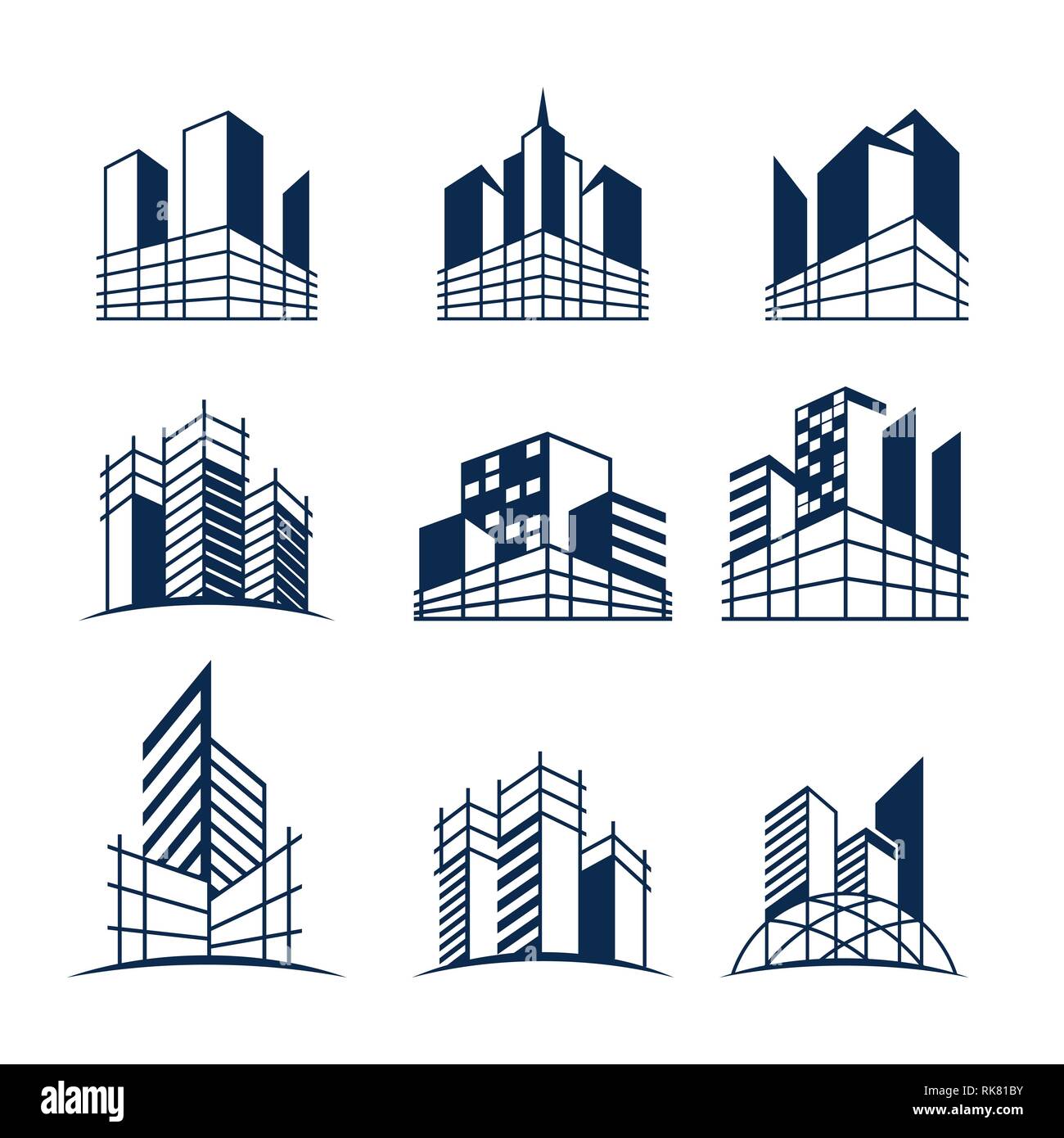 Building construction logo bundle, Various forms and models of buildings with scaffolding, suitable for construction or real estate logos. Stock Photo