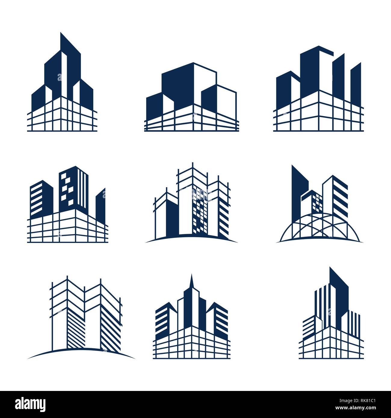 Building construction logo bundle, Various forms and models of buildings with scaffolding, suitable for construction or real estate logos. Stock Photo