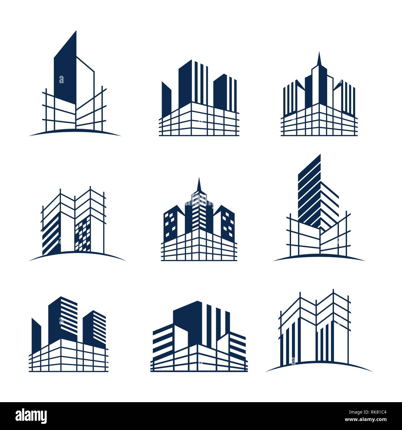 Building construction logo bundle, Various forms and models of buildings with scaffolding, suitable for construction or real estate logos. Stock Photo