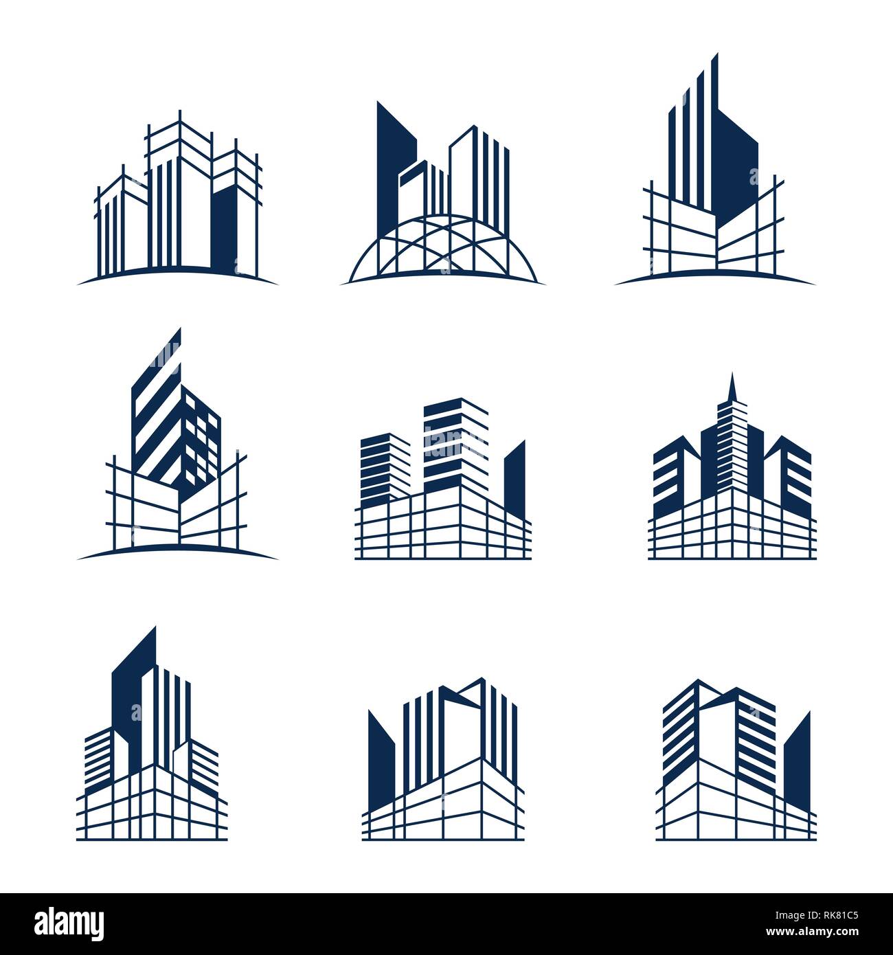 Building construction logo bundle, Various forms and models of buildings with scaffolding, suitable for construction or real estate logos. Stock Photo