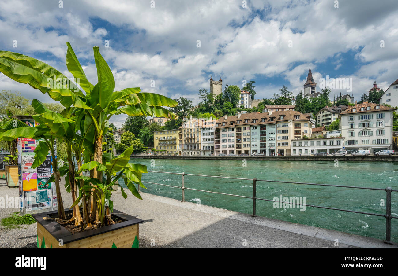 southbank of the Reuss river with view of St. Karliquai, Lucerne, Switzerland Stock Photo