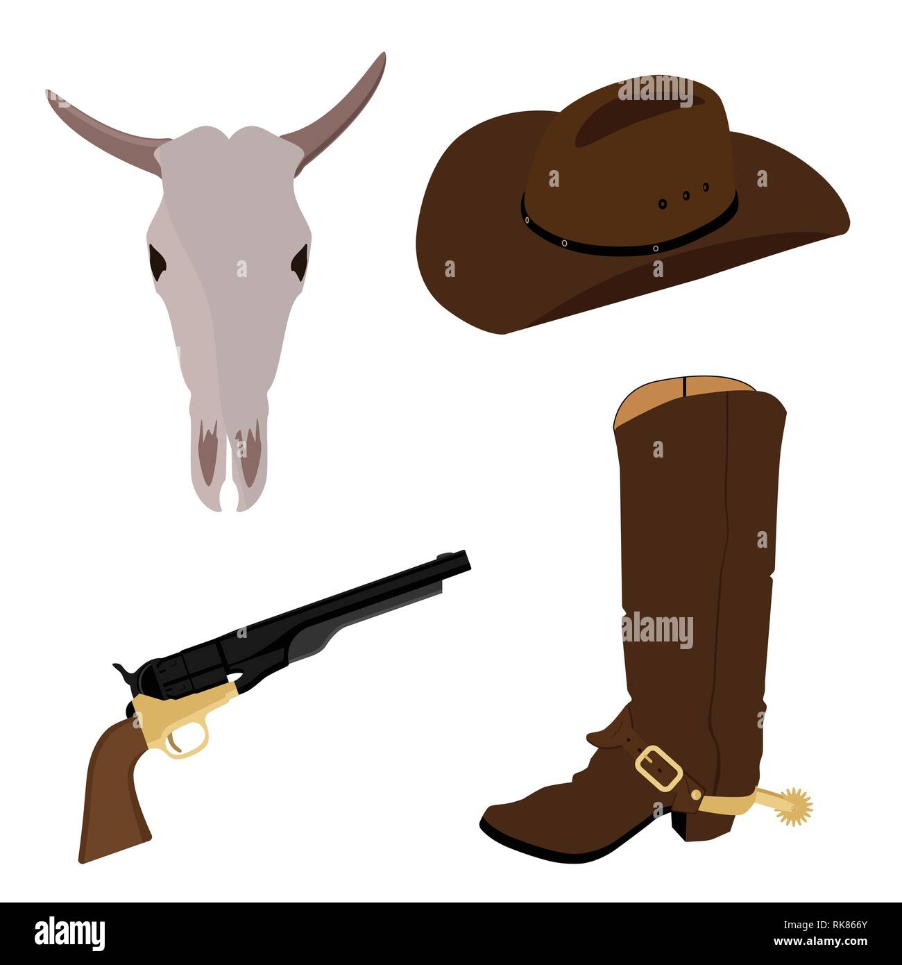 Wild west, cowboy vector icon set, collection. Cowboy boots, hat,cow skull and revolver Stock Vector