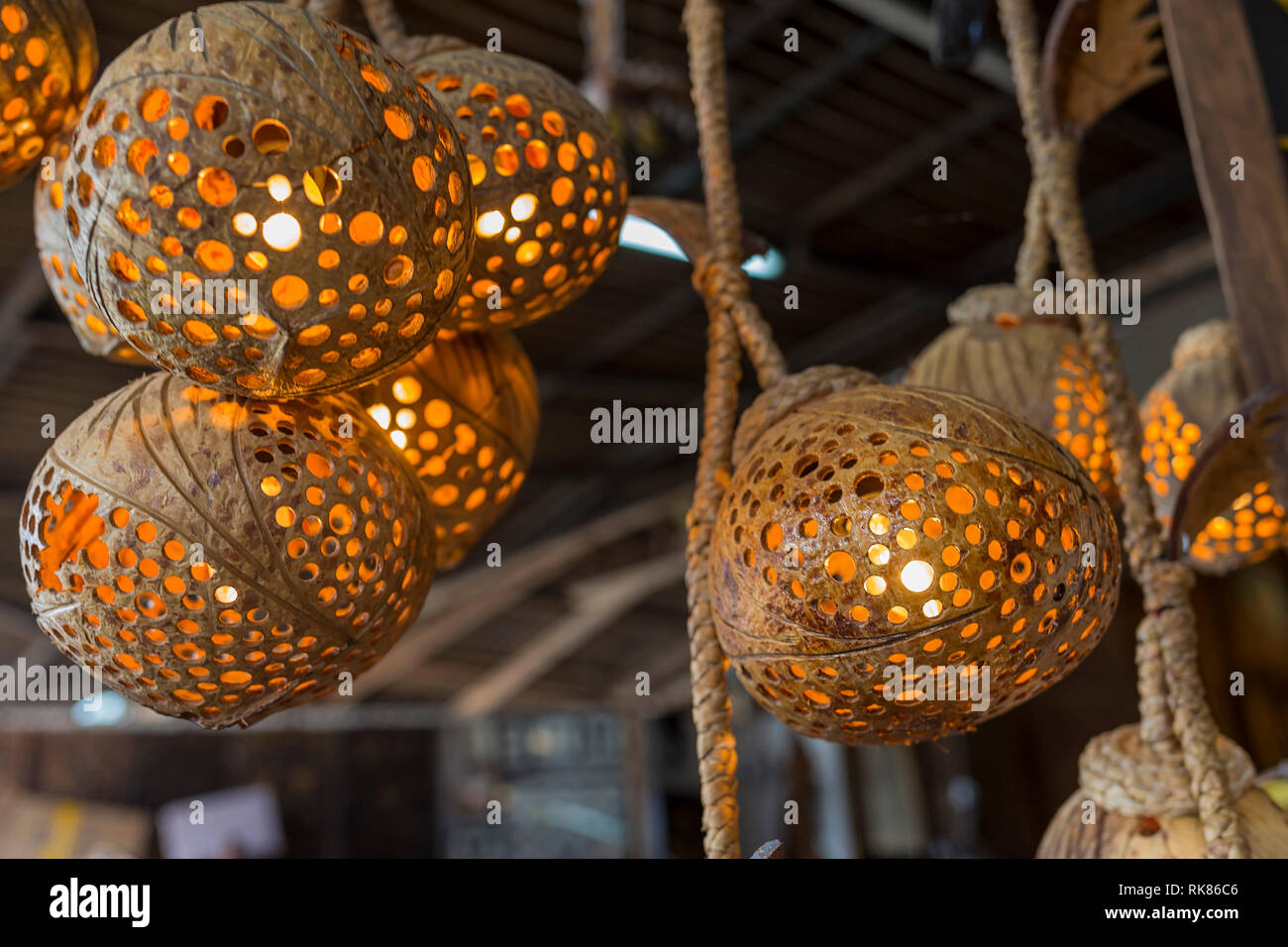 Traditional Lamp made of coconut shell on Sale In Market, Thailand Stock  Photo - Alamy