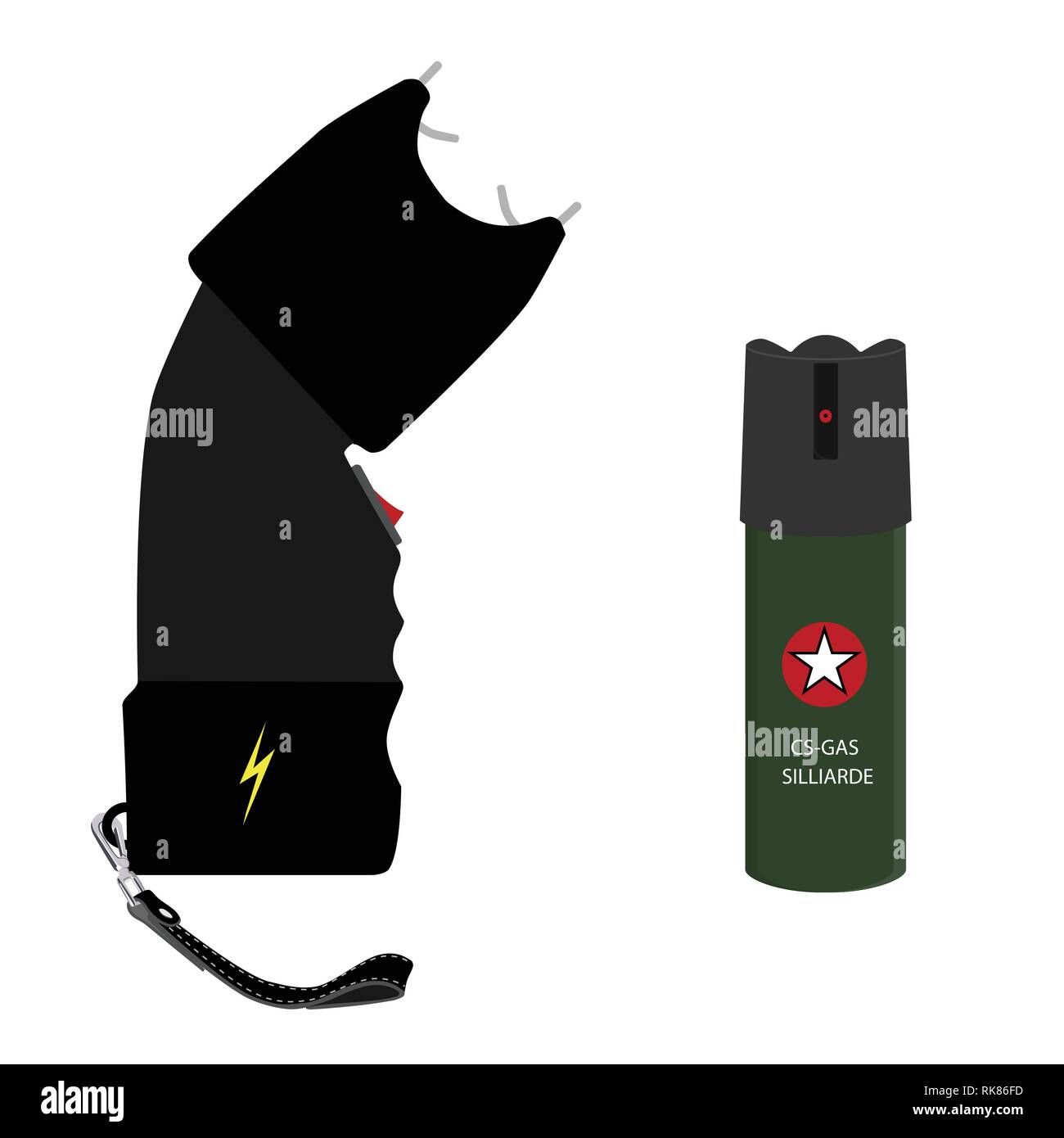 Vector bottle of pepper spray and taser isolated on white background