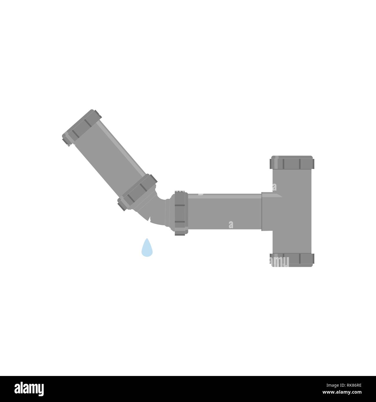 Broken metal pipe with leaking water, flat style vector illustration