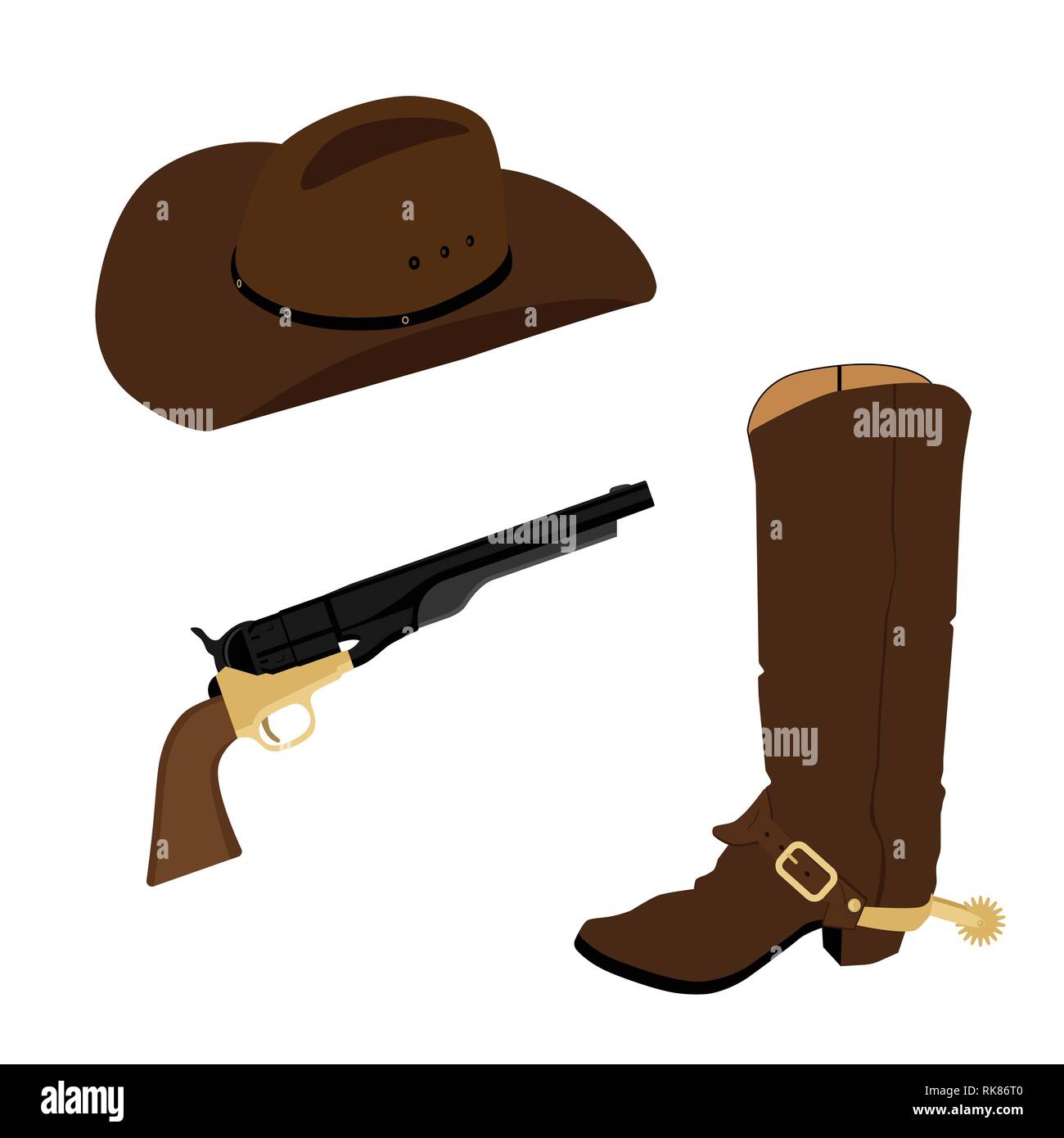 Wild west, cowboy vector icon set, collection. Cowboy boots, hat and revolver Stock Vector