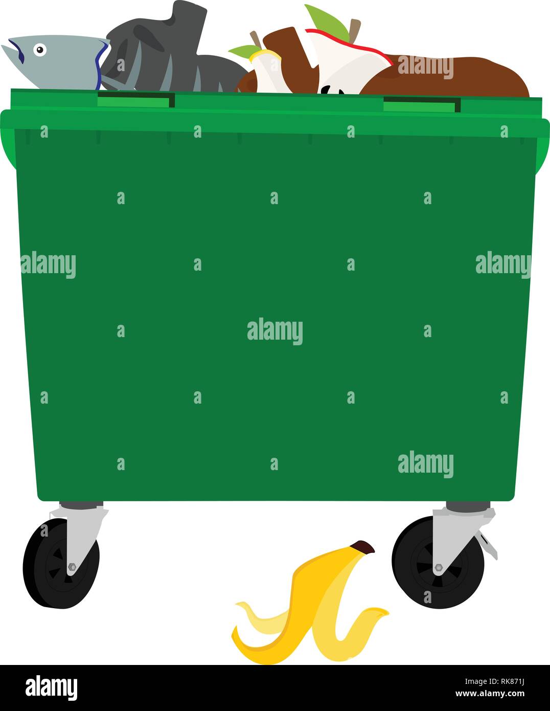 Vector illustration: Green plastic garbage containers with unsorted trash . Rubbish and trash bags lying around dump. Scene with pile of waste that sm Stock Vector