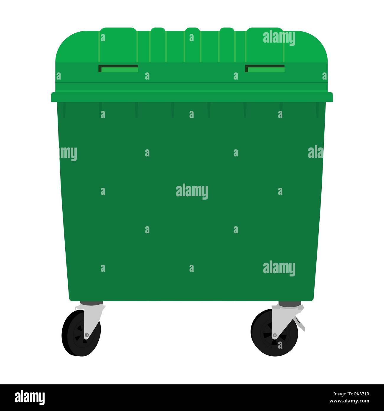 Green garbage container  isolated on white background. Vector illustration. Wheeled dumpster Stock Vector