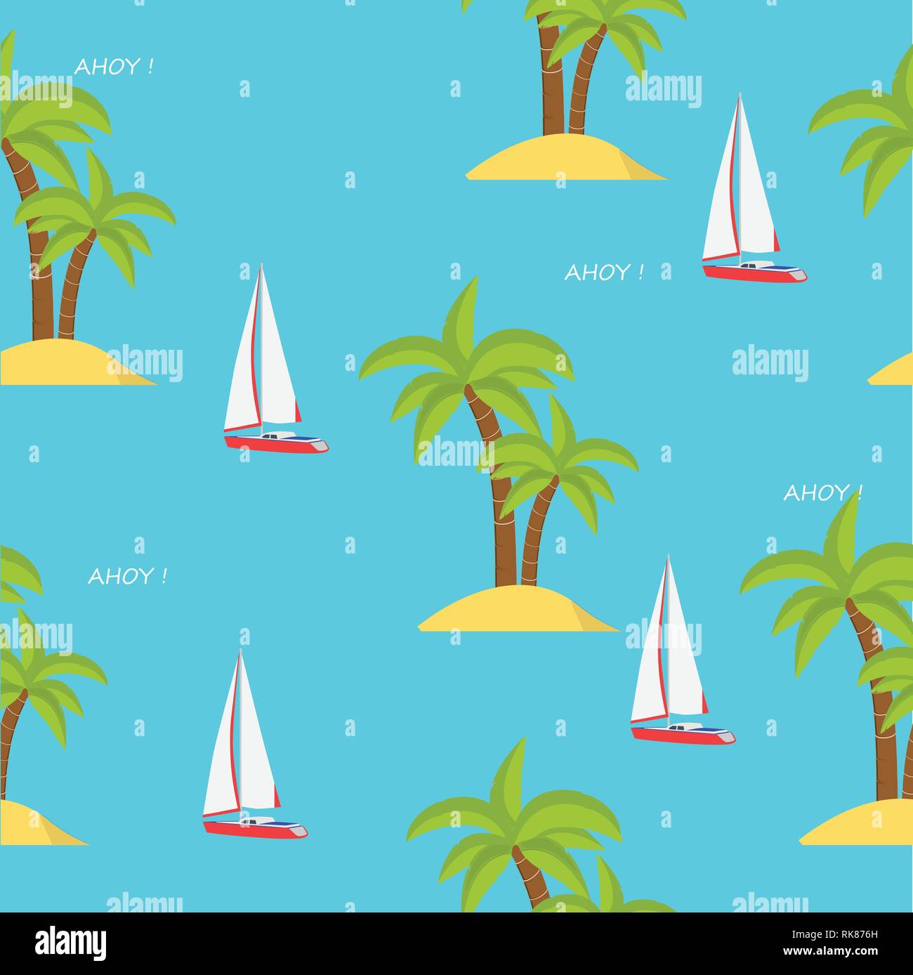 Beautiful vector seamless island pattern, background Landscape with palm trees, beach, yacht boat and ocean. Stock Vector