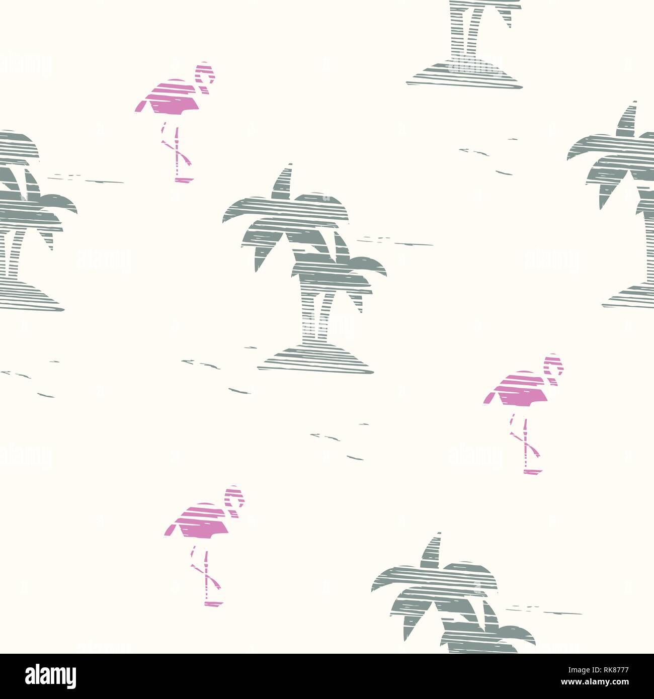 Vintage Beautiful seamless island pattern Landscape with palm trees, flamingo and ocean vector hand drawn style on color background. Stock Vector