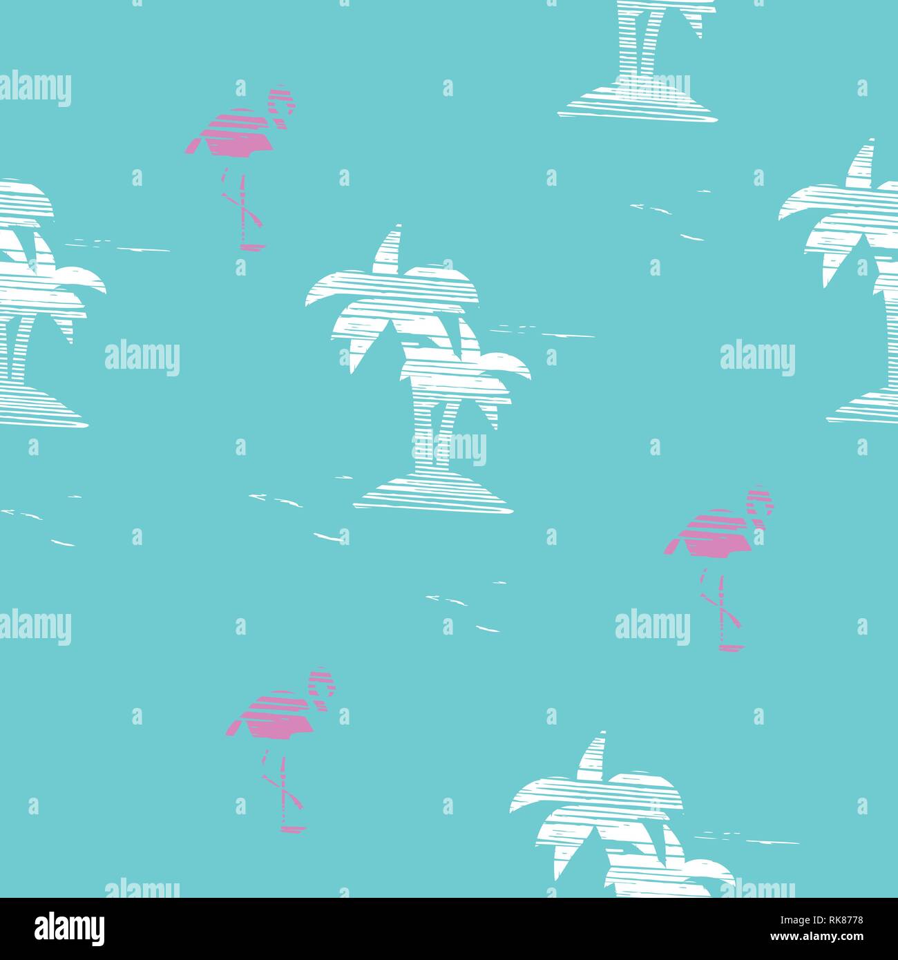 Vintage Beautiful seamless island pattern Landscape with palm trees, flamingo and ocean vector hand drawn style on blue color background. Stock Vector