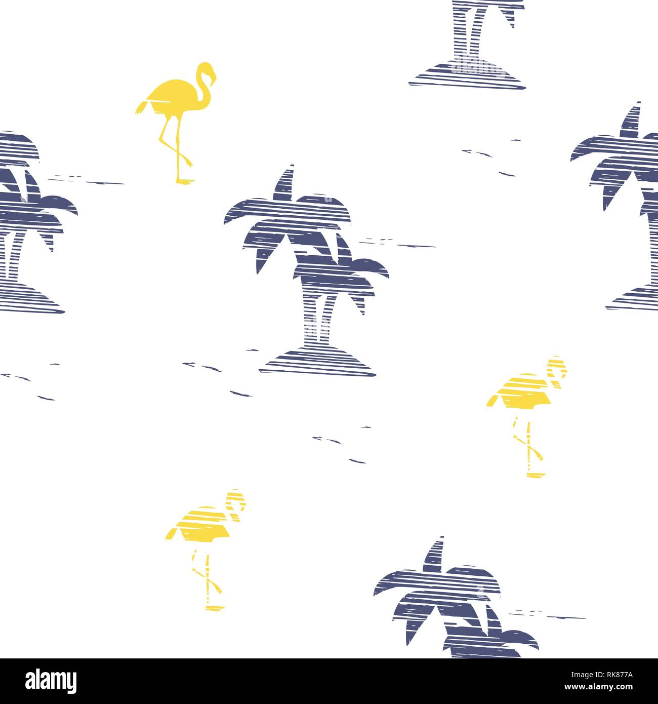 Vintage Beautiful seamless island pattern Landscape with palm trees, flamingo and ocean vector hand drawn style on white background. Stock Vector