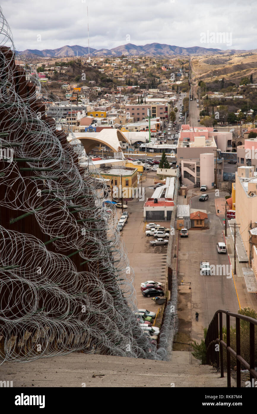 The U.S. Mexico border near Nogales covered with multiple layers of