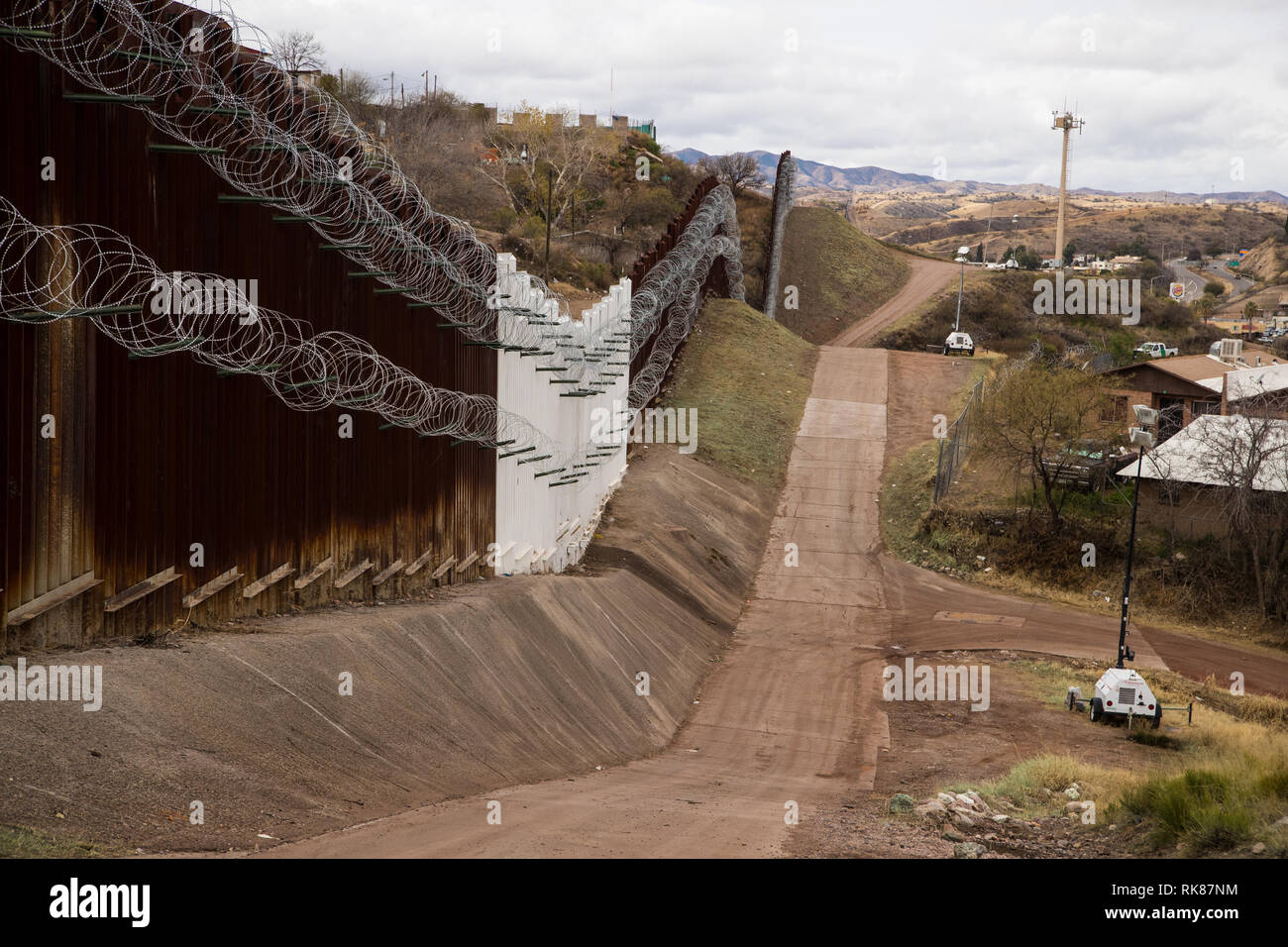 The U.S. Mexico border near Nogales covered with multiple layers of
