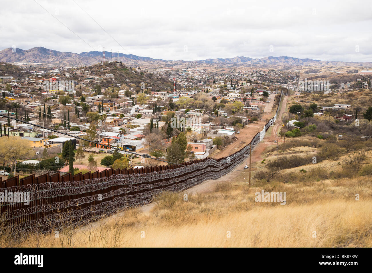 The U.S. Mexico border near Nogales covered with multiple layers of
