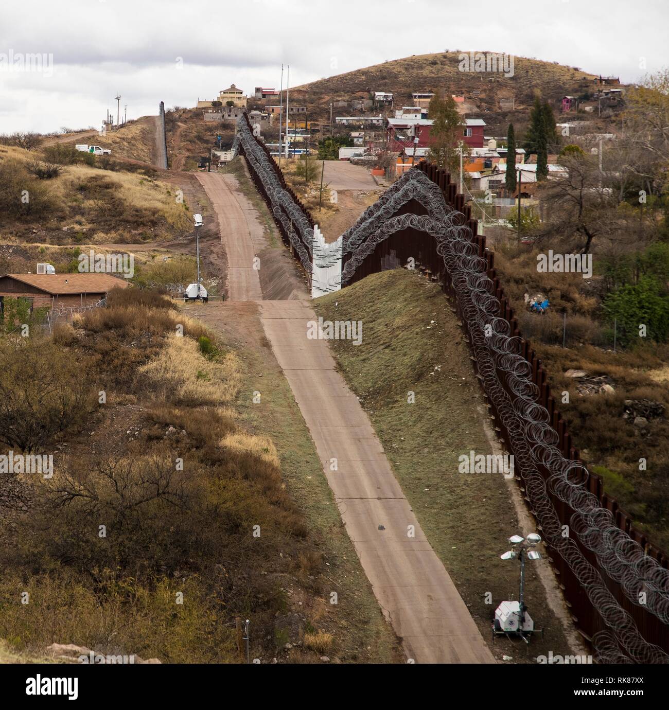 The U.S. Mexico border near Nogales covered with multiple layers of