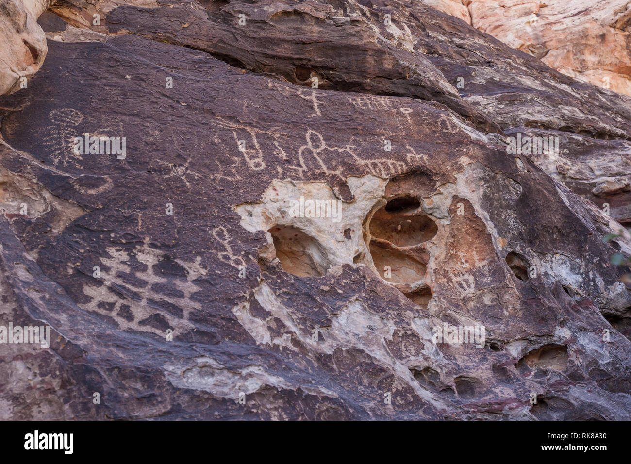 Petroglyphs on the rock in Red Rock Canyon National Conservation Area in Nevada, USA. Stock Photo