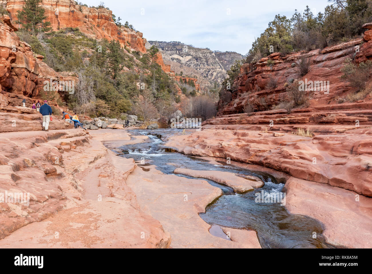 Slide Rock State Park is a state park of Arizona, USA, taking its name from a natural water slide formed by the slippery bed of Oak Creek. Stock Photo