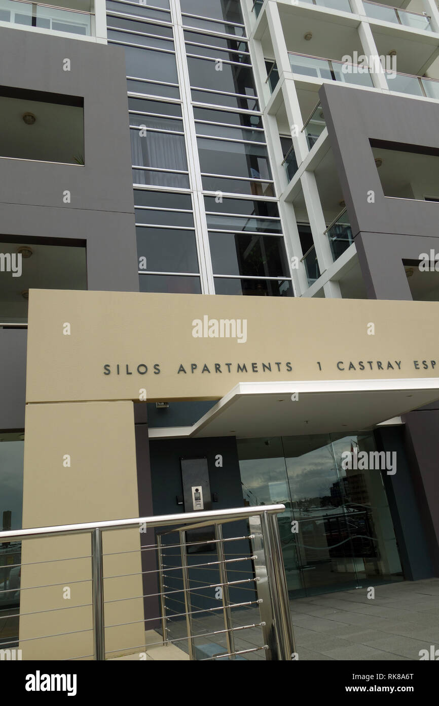 Entrance of Silos Apartments, Castray Esplanade, near Salamanca, Hobart, Tasmania, Australia. No PR Stock Photo