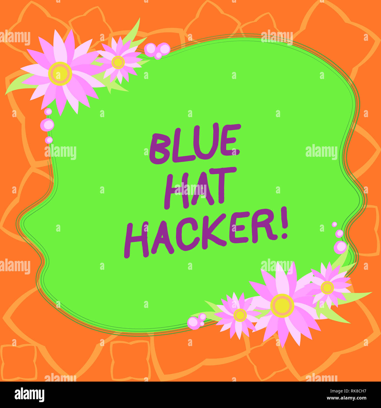 Word writing text Blue Hat Hacker. Business concept for Person consulting firms who bug system prior to its launch Blank Uneven Color Shape with Flowe Stock Photo