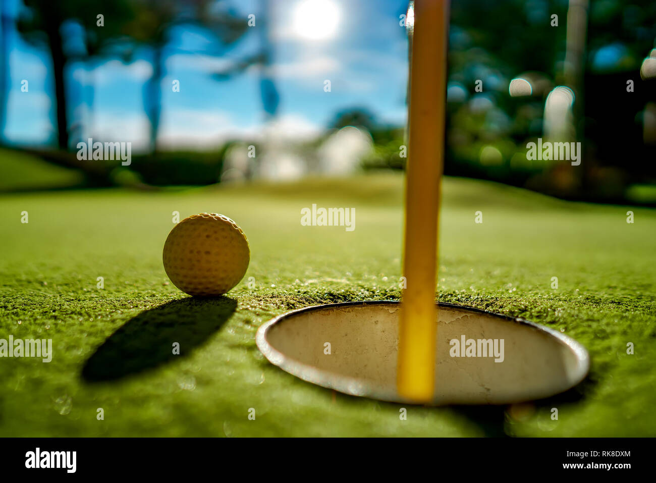 Mini Golf yellow ball on green grass at sunset Stock Photo