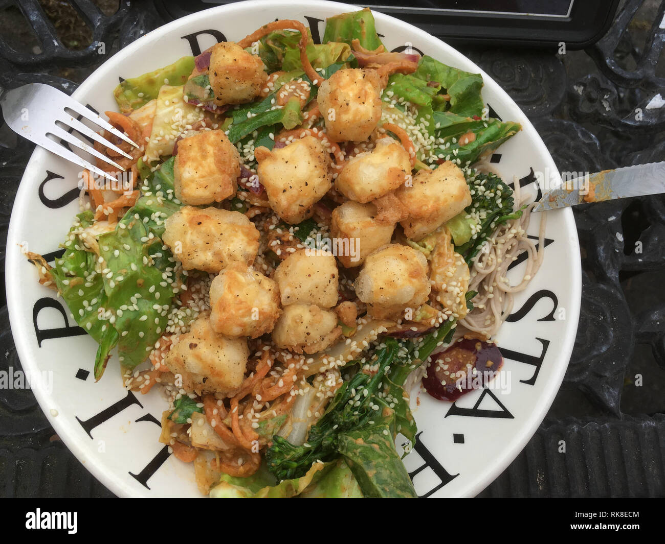 Vegan meal for dinner.  Homemade crispy tofu chunks deep fried on a plate of greens and noodles covered with sesame seeds. Stock Photo