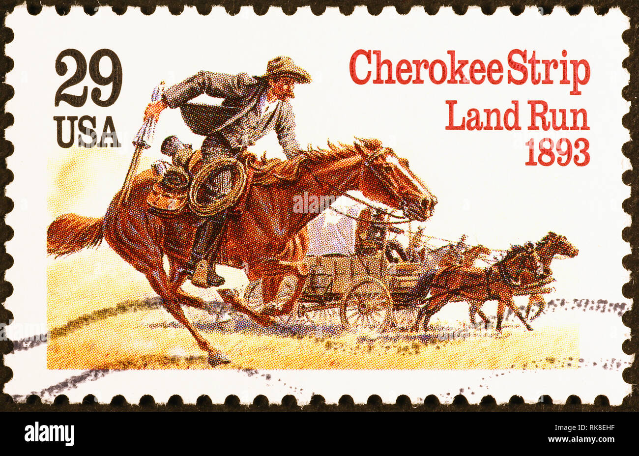 Cherokee strip land run on us postage stamp Stock Photo