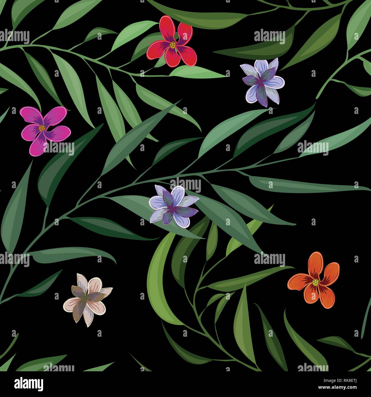 Tropical seamless pattern with palm leaves and flowers. Vector ...