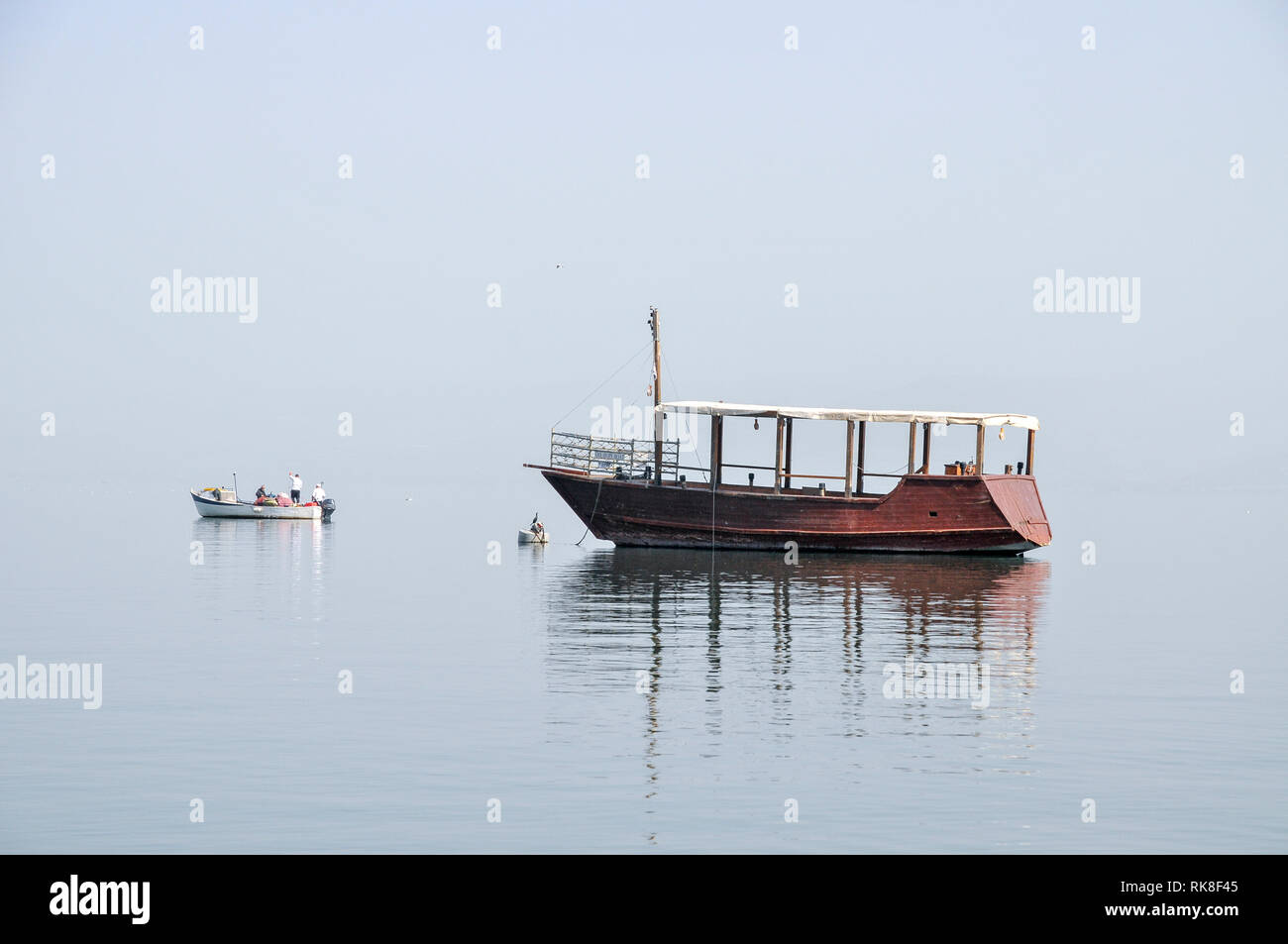 The Hope Boat. Replica of Jesus' Boat. Old wooden boat uncovered in the sea of Galilee, dated to the time of Jesus Christ. The original boat is on dis Stock Photo