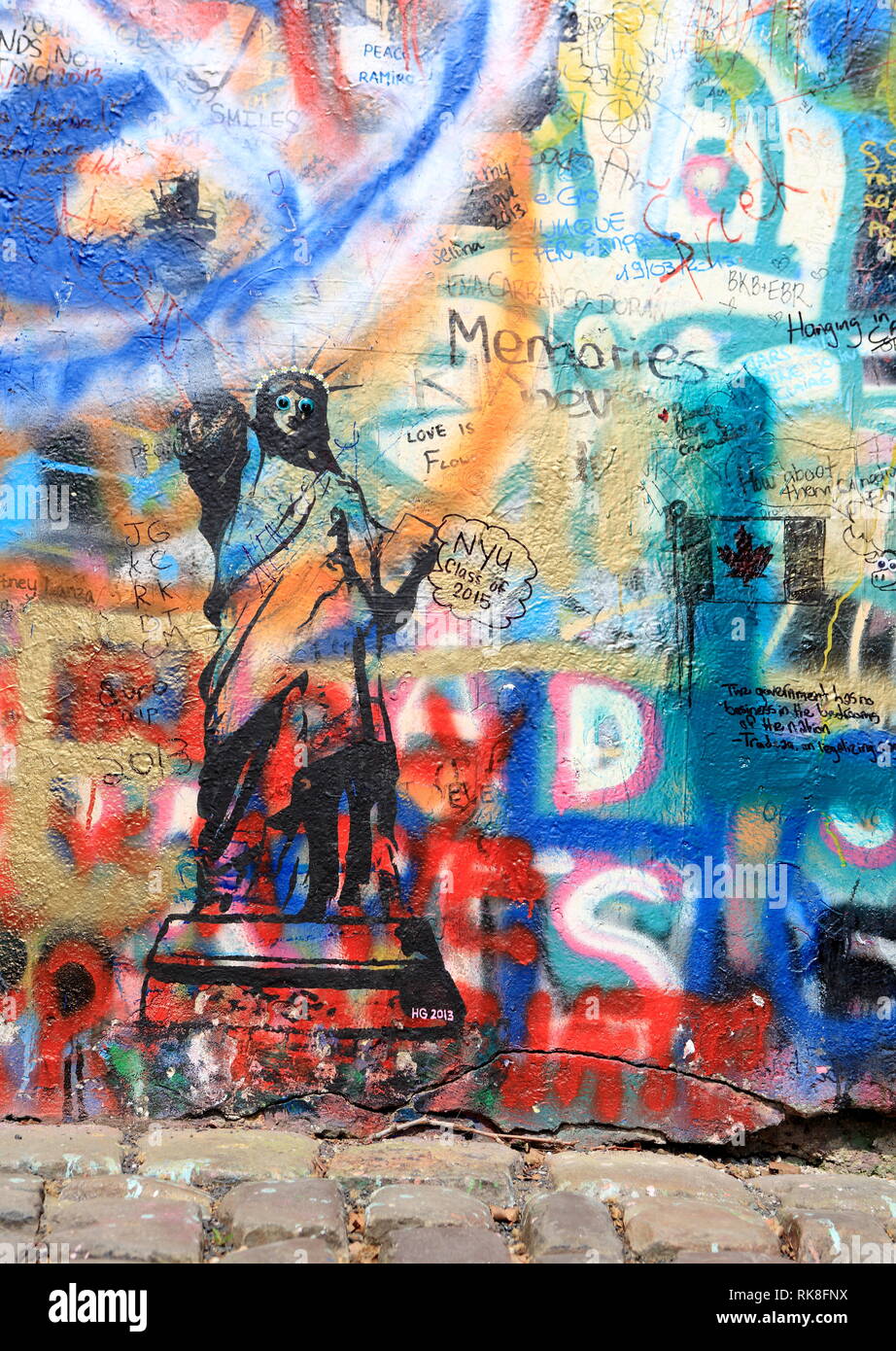 Prague, Czech Republic - 12 December 2015.: John Lennon graffiti wall. Editorial use only. Stock Photo