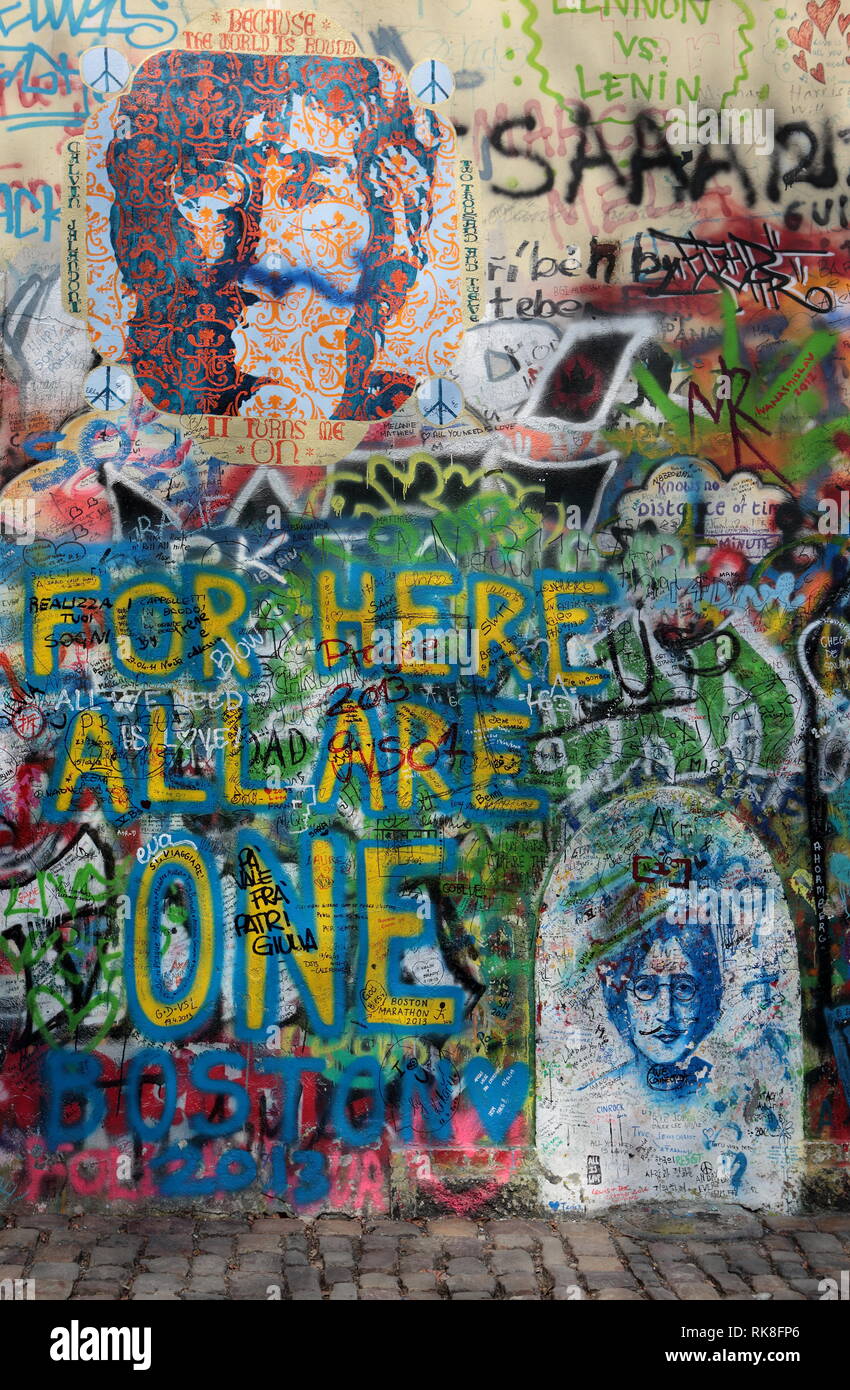 Prague, Czech Republic - 12 December 2015.: John Lennon graffiti wall. Editorial use only. Stock Photo