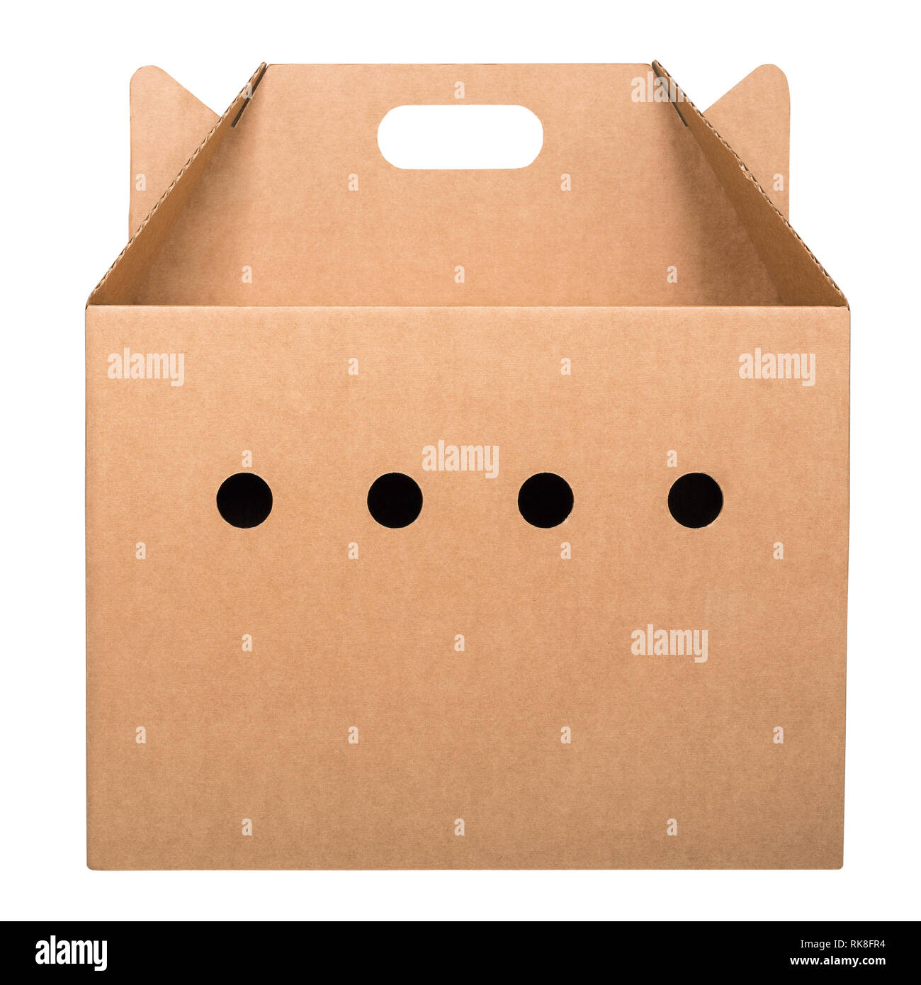 Cardboard pet carrier box isolated on white background, Side view Stock