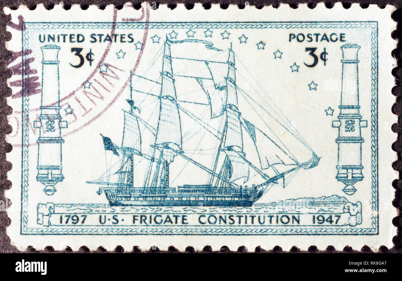 Historic frigate Constitution on american postage stamp Stock Photo