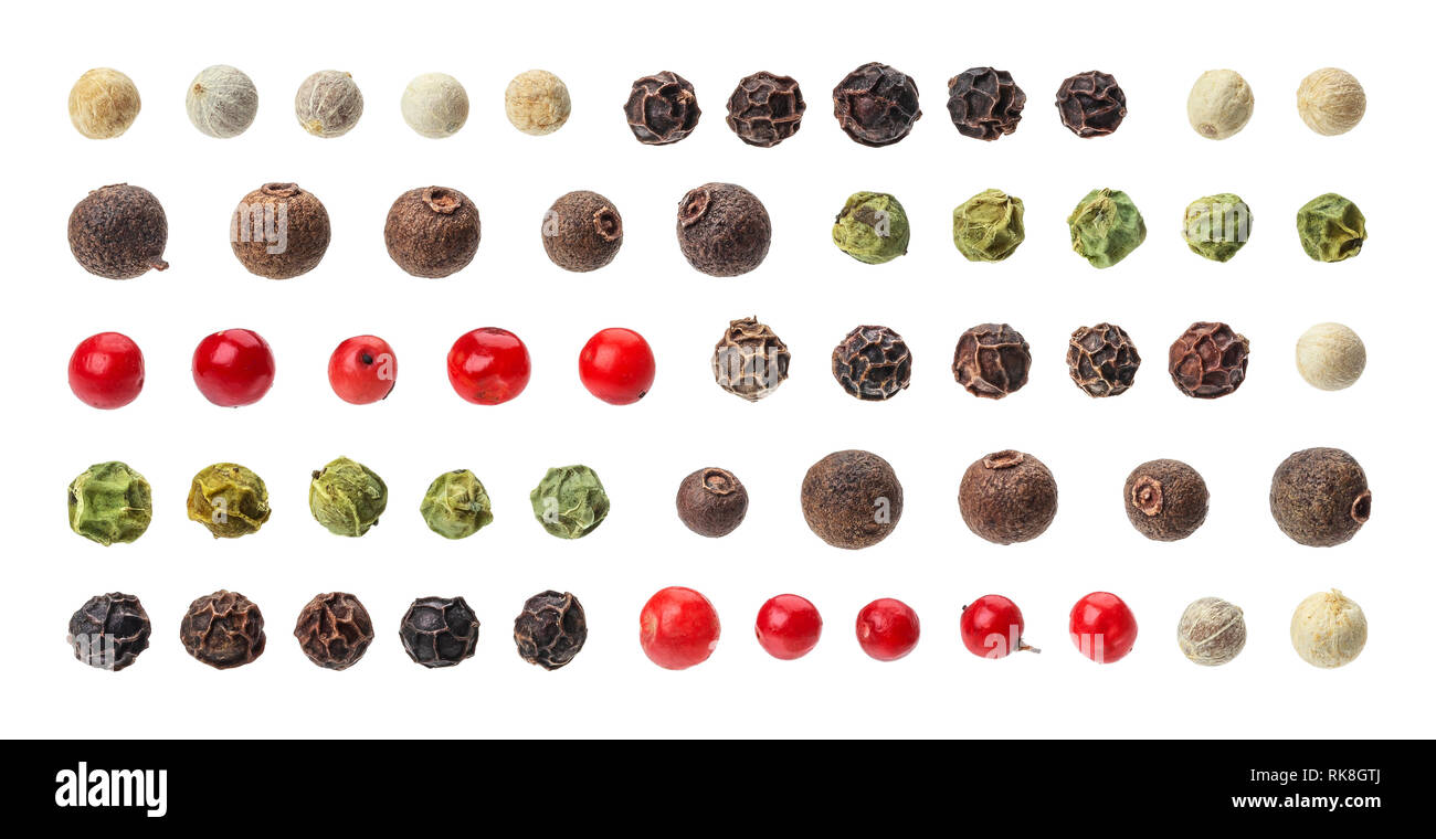 Different peppercorns. Black, red, white peppercorns isolated on white
