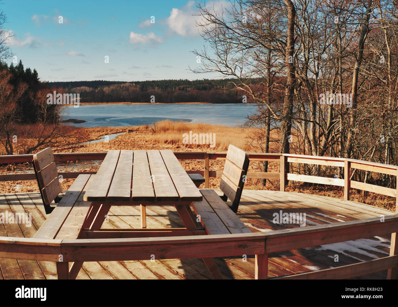 Picnic area table by Lake Oxundasjon, Upplands Vasby, Stockholm County, Sweden, Scandinavia Stock Photo