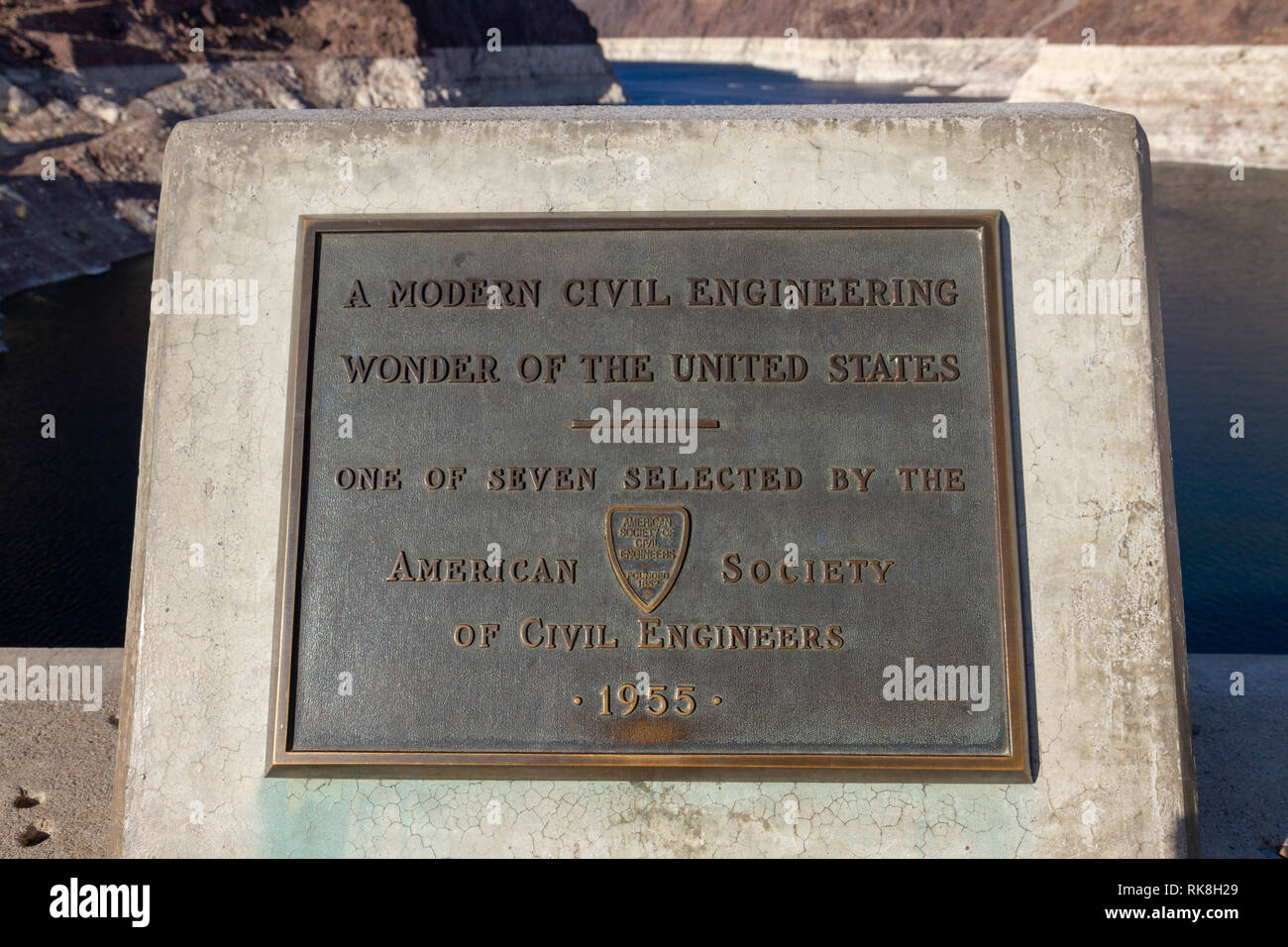 Memorial plaque to the Hoover Dam, one of the seven Engineering Wonders of the World, Hoover Dam, Nevada, United States. Stock Photo