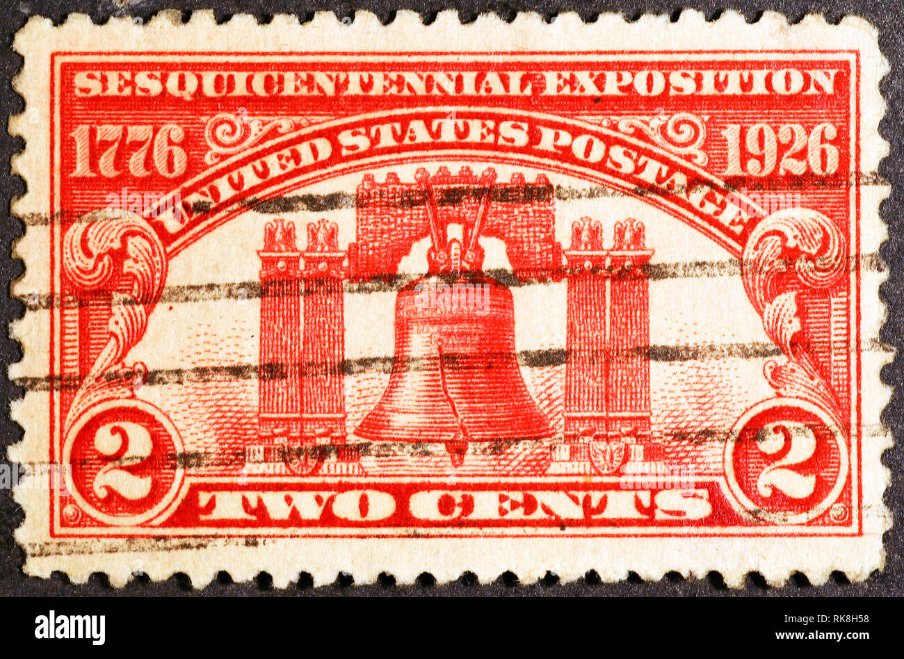 Liberty bell on ancient american postage stamp Stock Photo