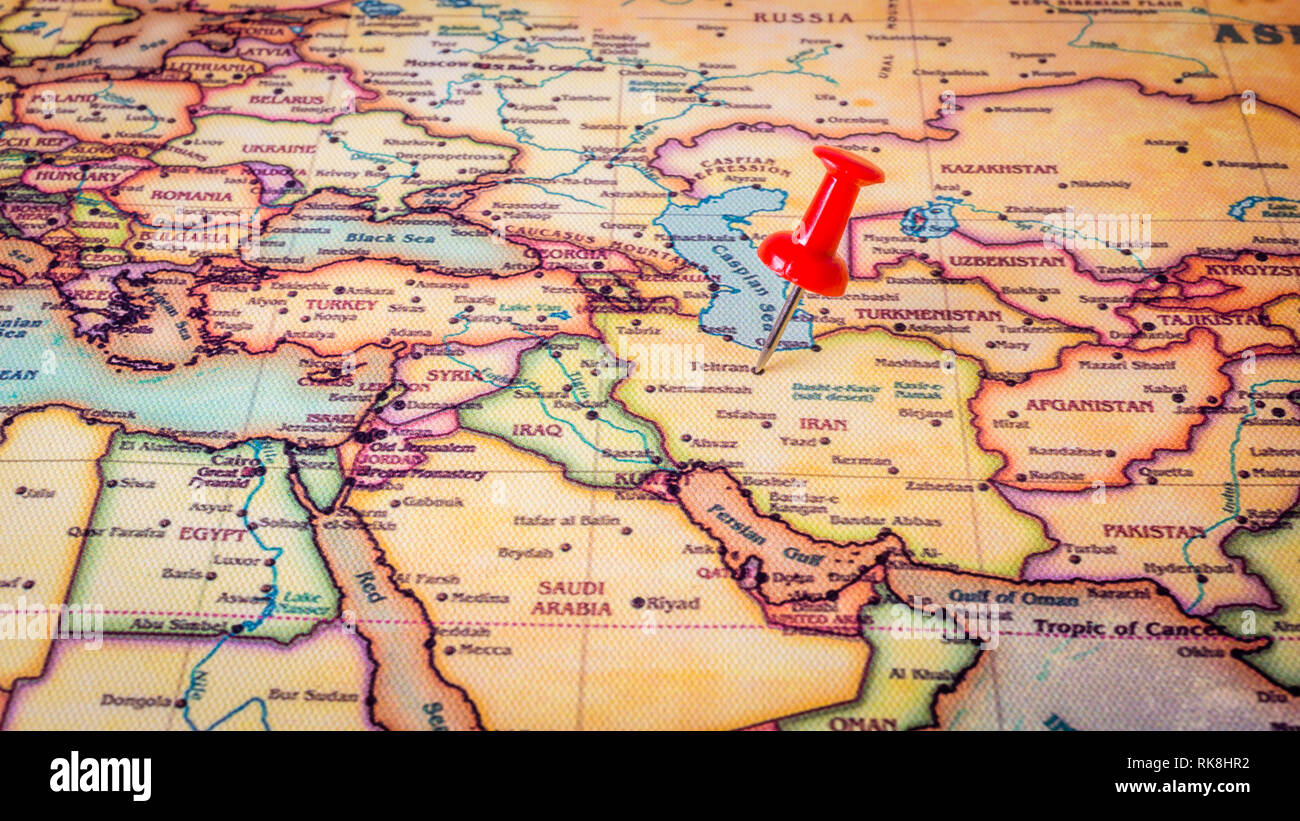 Red pin on Iran, capital city of Baghdad Stock Photo