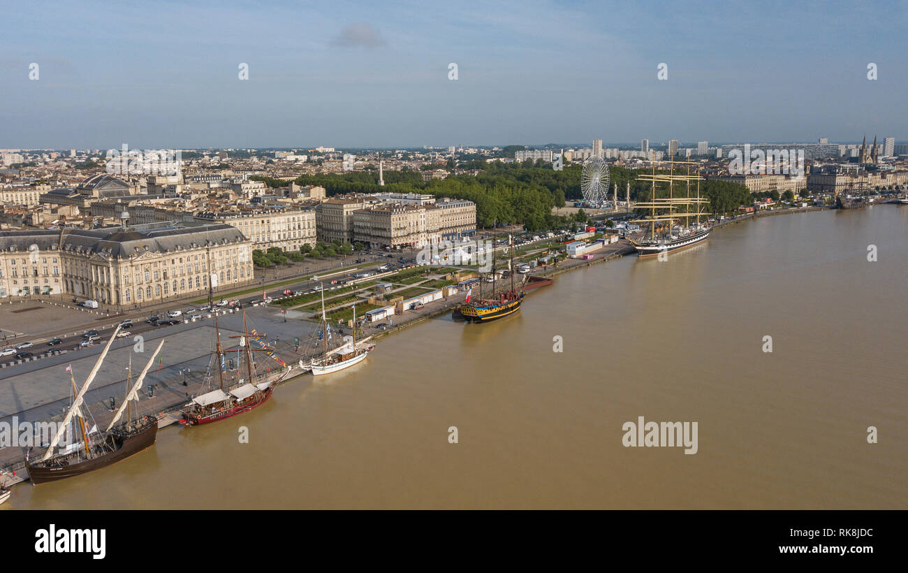 Aerial view of olds gables on departure from the port of Bordeaux, France, filmed by drone Stock Photo