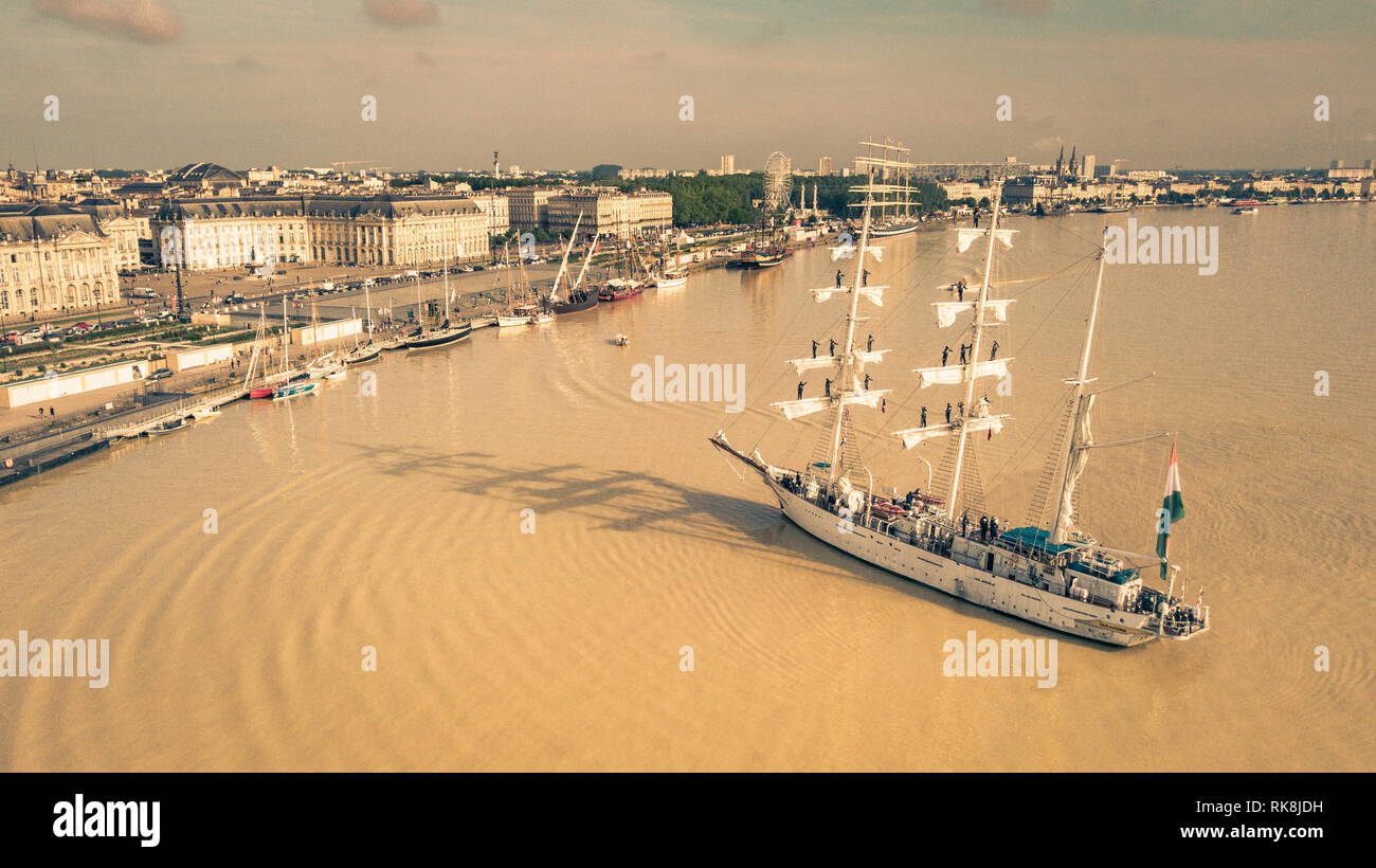 Aerial view of olds gables on departure from the port of Bordeaux, France, filmed by drone Stock Photo