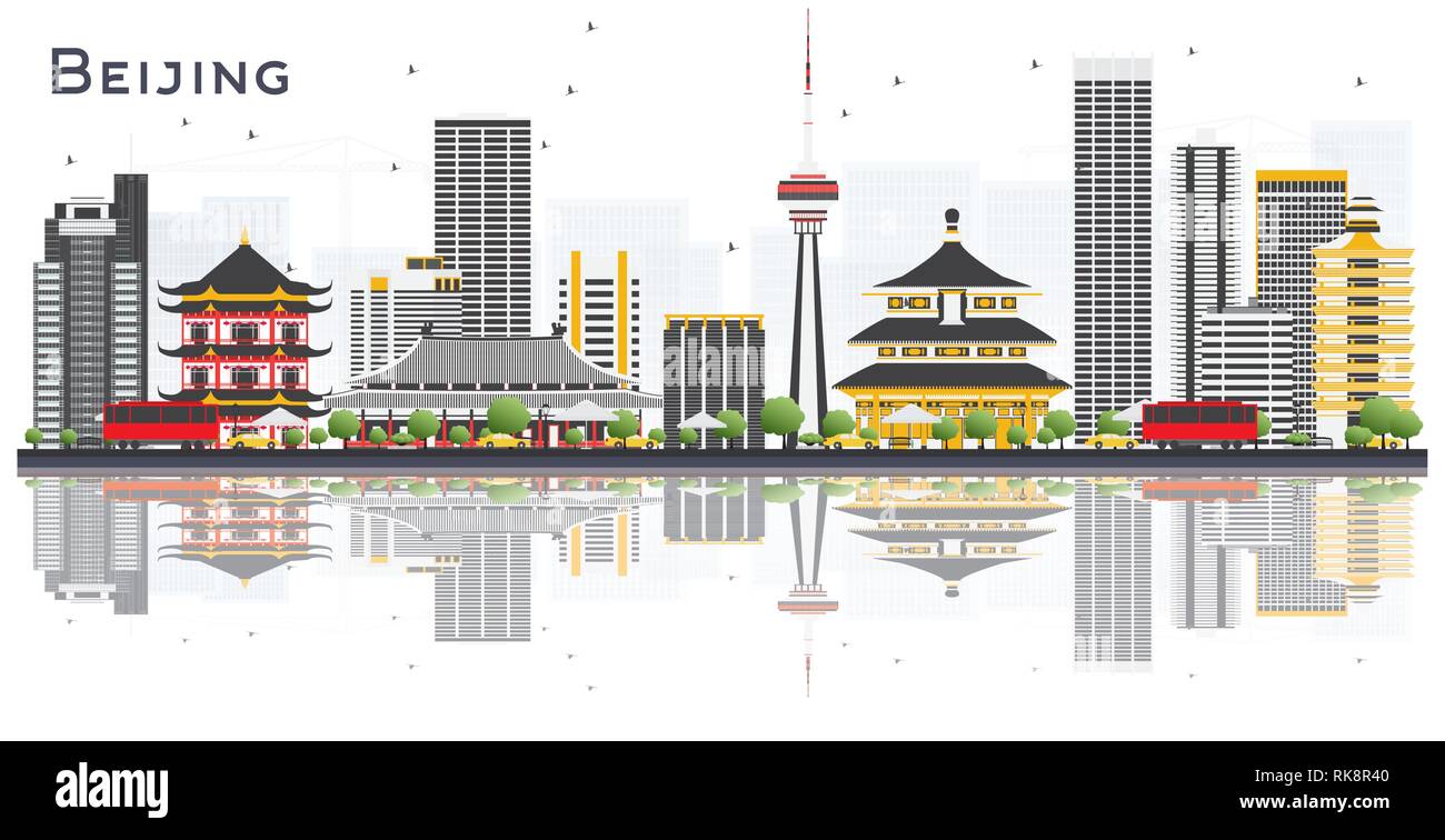 Beijing China City Skyline with Gray Buildings and Reflections Isolated on White Background. Vector Illustration. Tourism Concept with Modern Building Stock Vector