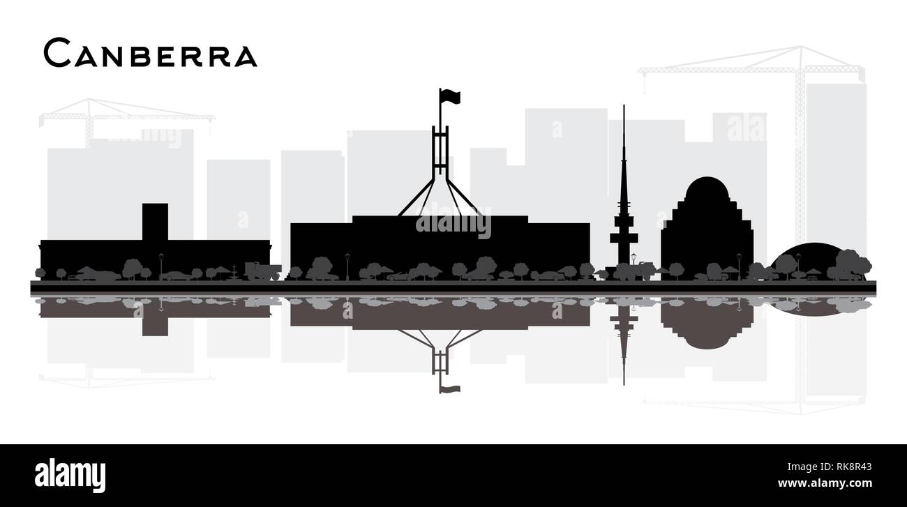 Canberra Australia City Skyline Silhouette with Black Buildings and Reflections Isolated on White. Vector Illustration. Tourism Concept. Stock Vector